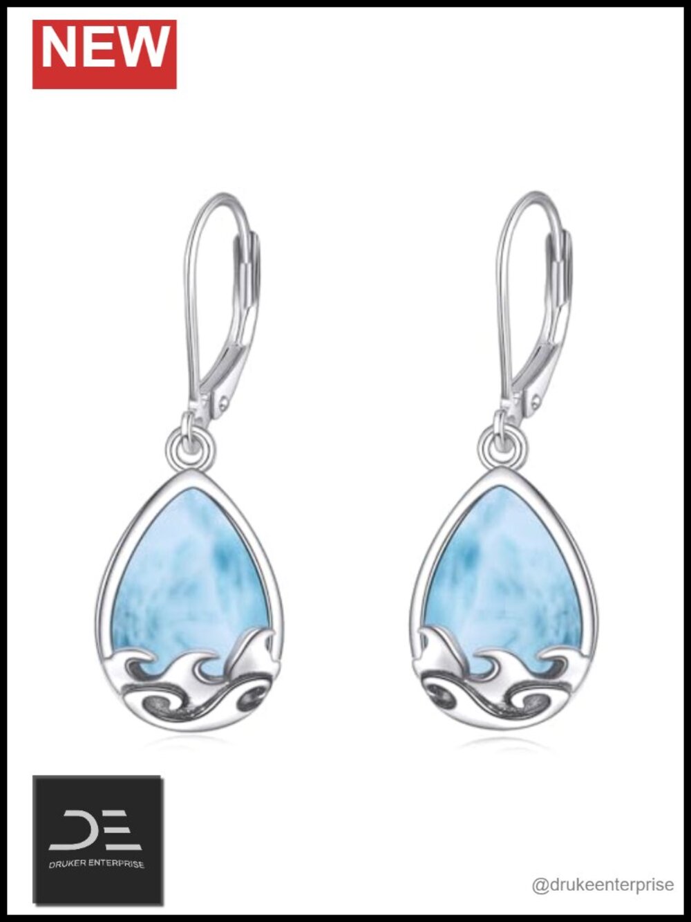 Larimar Teardrop Drop Earrings 925 Sterling Silver Wave Gemstone Dangle Women's